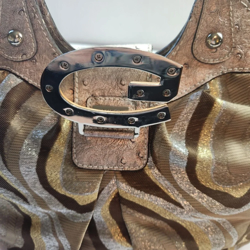 Vtg Guess Samba Metallic  Handbag Large Hobo Purse & Strap Retro Wood Handle‎